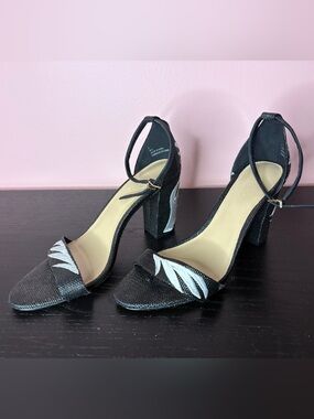 Black Ankle-Strap Block Heel Sandals with Silver Leaf Detail